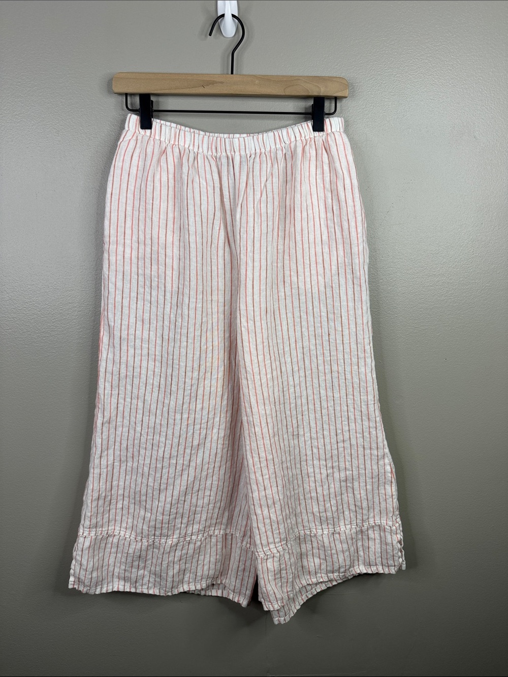 Flax Linen Striped Wide Leg Capri Cropped Pants Women's Size Small